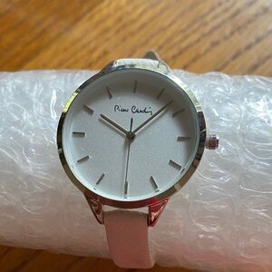 Pierre Cardin Silver-Tone Case White Dial Watch with White Leather Strap